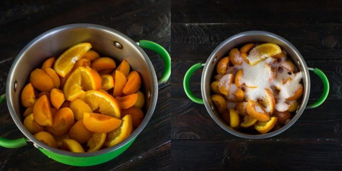 Jam fra abrikoser og appelsiner: frugter, hæld sukker