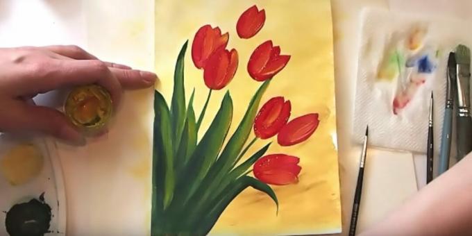 Hvordan man tegner en buket tulipaner: tilføj gul