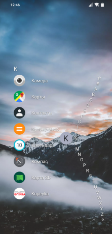 Launcher til Android Niagara Launcher: alfabet kan vises på højre bølge