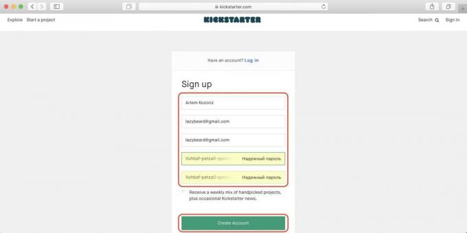 Sådan køber på Kickstarter: indtast et navn, e-mail og adgangskode, og klik derefter på den grønne knap