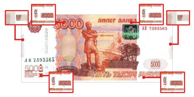 falske penge: ægthed funktioner, der er synlige for berøring, til 5000 rubler
