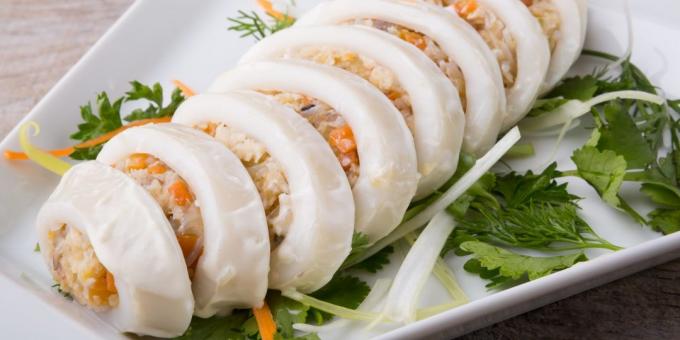 Fyldte blæksprutter med grøntsager og ris: den bedste opskrift