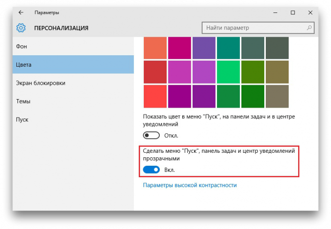 Konfigurer Windows 10: gennemsigtighed i menusystemet