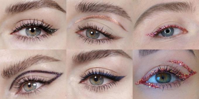 Glitter øjenmakeup: eksperimenter med glitrende pile