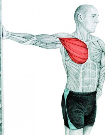 Anatomi strækning: strække brystmusklerne i væggen