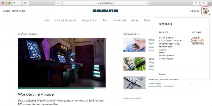 Sådan køber på Kickstarter: klik på ikonet profil og derefter - på Rediger profil linket