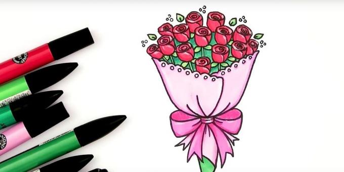 Sådan at tegne en buket roser med markører eller farveblyanter