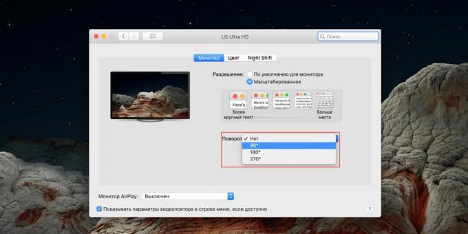 Sådan vendes skærmen på en bærbar computer med macOS: find afsnittet "Skærme" i indstillingerne og angiv rotationsvinklen