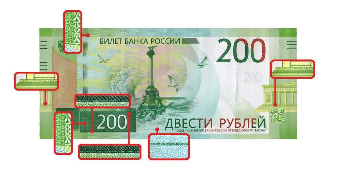 falske penge: mikrobilleder på forsiden 200 rubler