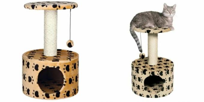 Huse til katte: med et legetøj og en ridsestolpe