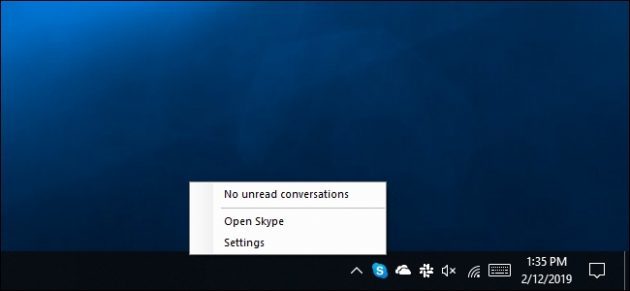 Skype UWP programmet ikke forudse menuen "Afslut Skype»