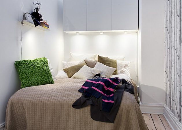 Smal soveværelse: opbevaringsplads over sengen