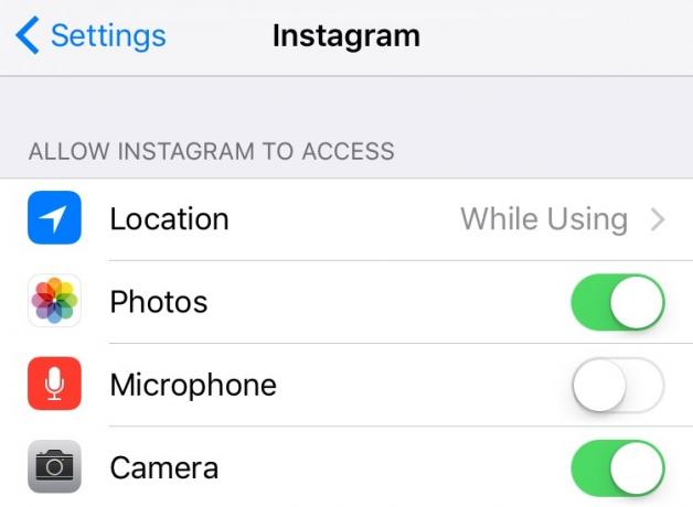 Kontrol med adgangen til information applikation i iOS Instagram 9