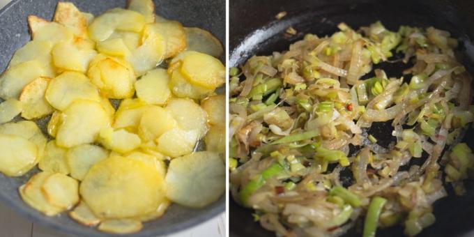 Kartoffel omelet: Steg løg og kartofler