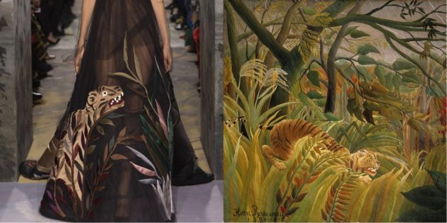 Valentino model og et maleri af Henri Rousseau "Tiger i tropiske storm"