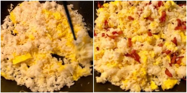 Sådan koger stegte ris med æg: Når ris opvarmes, tilsæt bacon, salt og sojasauce og bland godt