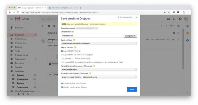 Måder at downloade filer til Dropbox: kopiere hele brevet af Gem e-mails til Dropbox