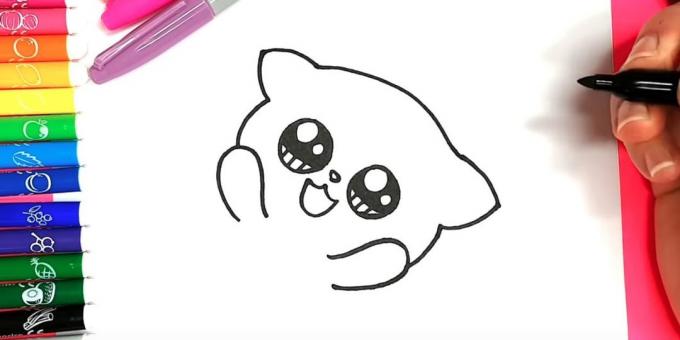 Hvordan man tegner anime kat: venstre og højre under øjnene markerer omridset af benene, og på toppen - hovedet og ører