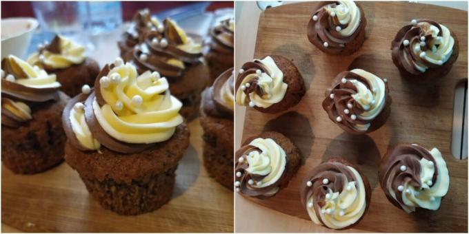 Chokolademøtrik cupcakes med to-tone kondenseret mælkecreme: en simpel opskrift