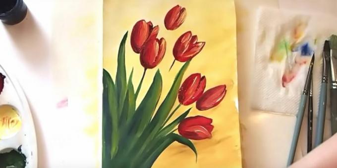 Sådan tegner du en buket tulipaner: tilføj burgunderfarve