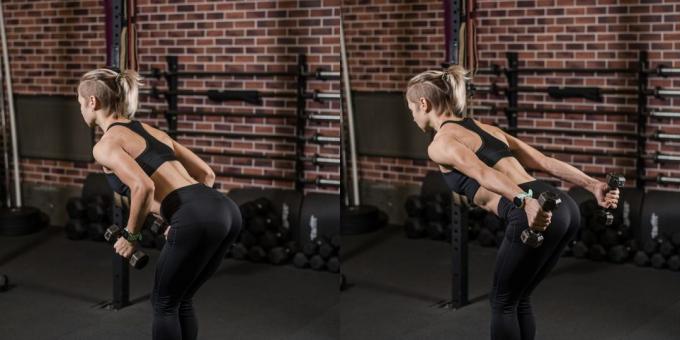 De bedste øvelser for triceps: Udvidelse arme med håndvægte i hældningen