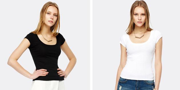 Grundlæggende T-shirts fra europæiske butikker: Plain t-shirt med en U-formet hals