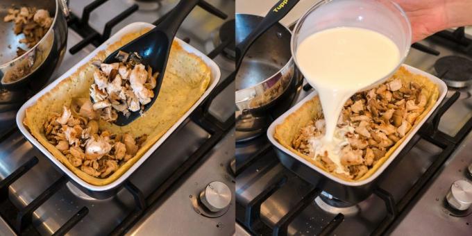 Quiche med kylling og svampe: Tilføj fyldet og fyld