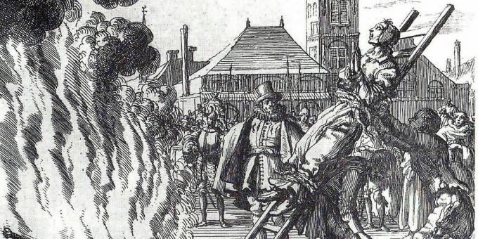 Inkvisitionen i middelalderen: "Burning of the 16. Century Dutch Anabaptist Anneken Hendrix, Beskyldt for kætteri", gravering af Jan Leuken