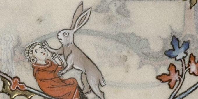 Børn i middelalderen: en hare angriber en mand, Breviary af Renaud de Bara