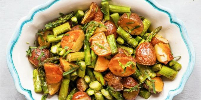 Grøntsager i ovnen: Bagte kartofler med asparges og citron sennep dressing