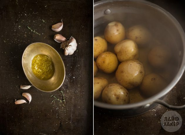 Sådan bages kartofler i ovnen: Kog kartofler og kog hvidløgsolie