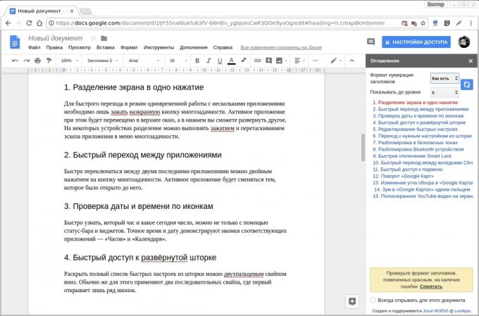 Google Docs tilføjelser: Indholdsfortegnelse